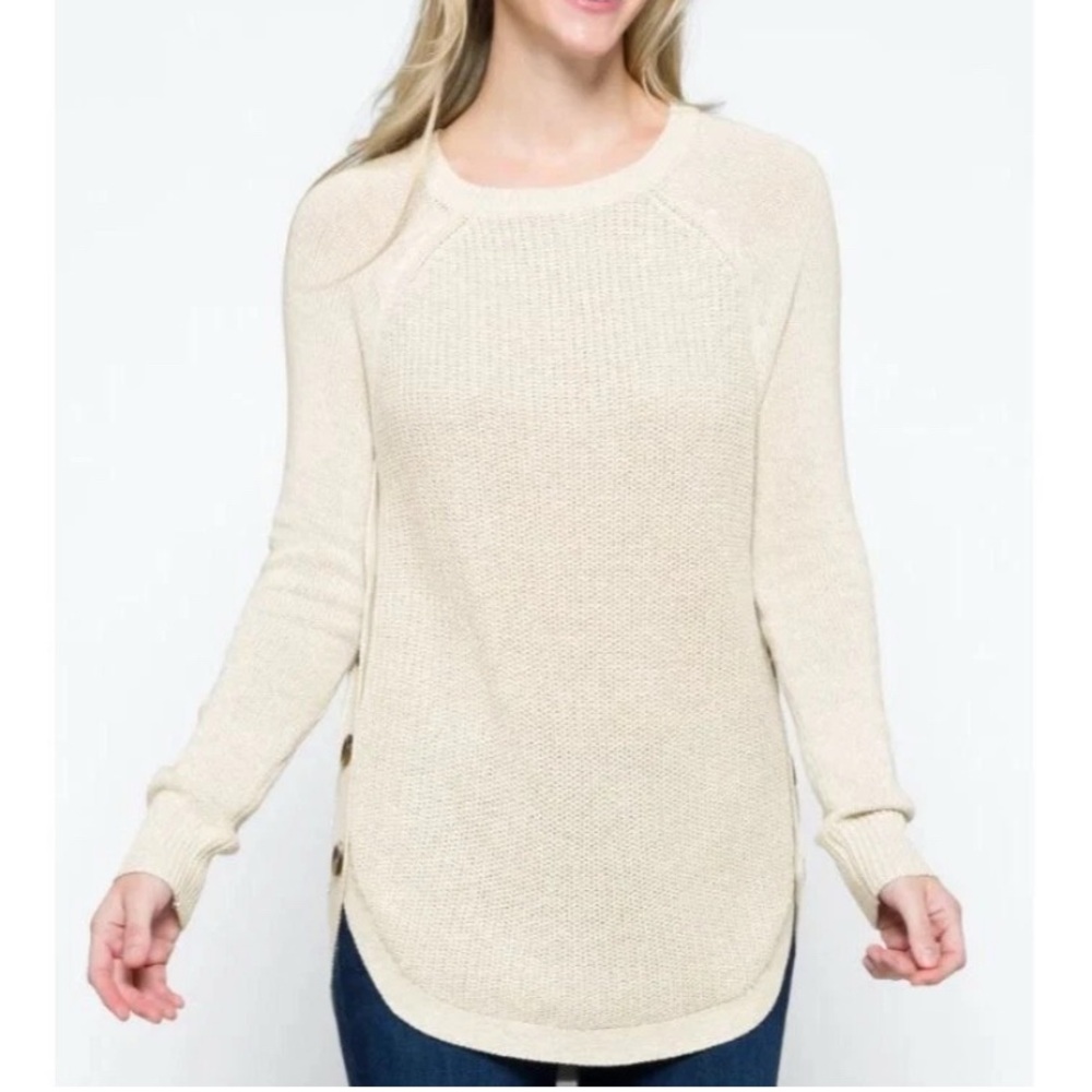 RD Style Sweater Women Size L Beige Side Buttons Rowca Boho Lagenlook